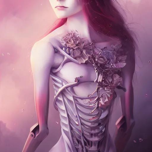 Prompt: Stunning Anime robotic Goddess part skeleton of the floral river flowers, misty, by cgsociety, in the style of Charlie Bowater, Tom Bagshaw, intricate, beautiful, artstation 8k, high resolution