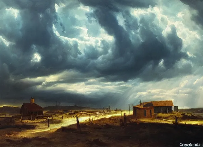 Prompt: oil painting of american old west town, harbour, dramatic storm clouds, dusty street, sunrays, dramatic, very very very beautiful art, cinematic lighting, romanticism by goya, bright art, pastel color, blue sky, sunny summer day, tall rocky mountains