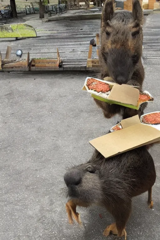 Image similar to a cute Capybara delivering pizza