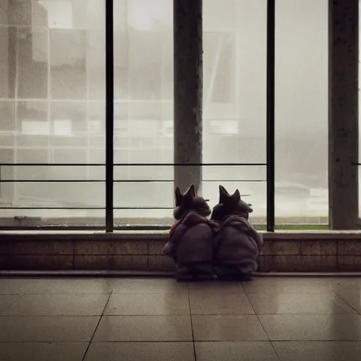 Prompt: two chipmunks, chip and dale, smoking cigarettes, brutalist plattenbau houses at background, cinematic lighting, rainy weather, melancholy atmosphere, volumetric light, gothic architecture, realistic reflections, model agency, instagram photo, depression atmosphere, shot on sony a 6 4 0 0 camera, beauty filter, postprocessing