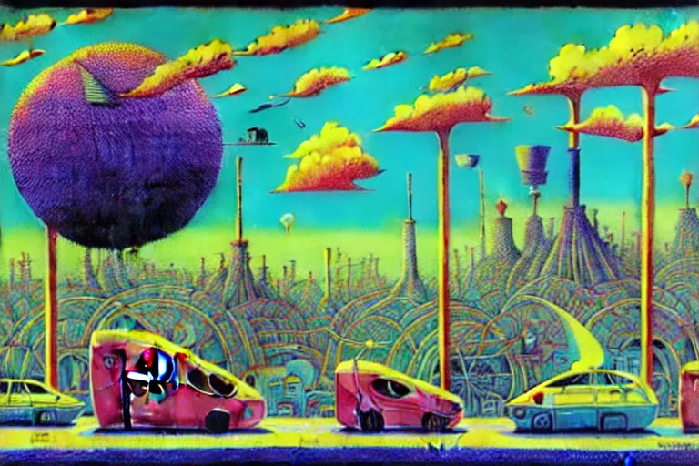 Image similar to surreal glimpse into other universe, city transportation by tesla incorporation, summer morning, very coherent and colorful high contrast, art by!!!! gediminas pranckevicius!!!!, geof darrow, floralpunk screen printing woodblock, dark shadows, hard lighting, stipple brush technique,