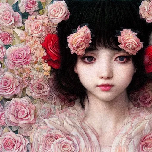 Image similar to white cat girl, botanical, rose, portrait face, colorful, frantisek kupka, intricate, miles johnston, kuroda seiki, cynical realism, ozabu, john william godward, painterly, yoshitaka amano, moebius, miles johnston, louise zhang, james jean, mark ryden lowbrow pop surrealism art style