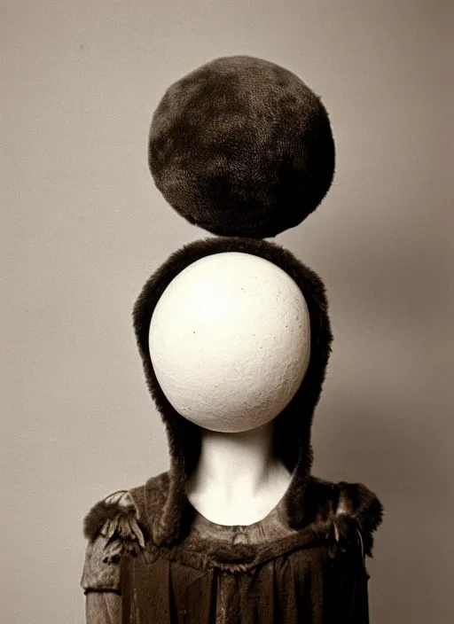 Image similar to realistic photo of a a medieval antique old wooden sculpture of a girl dressed white spherical fluffy hat helmet, greyscale 1 9 9 0, life magazine photo, natural colors, metropolitan museum, kodak