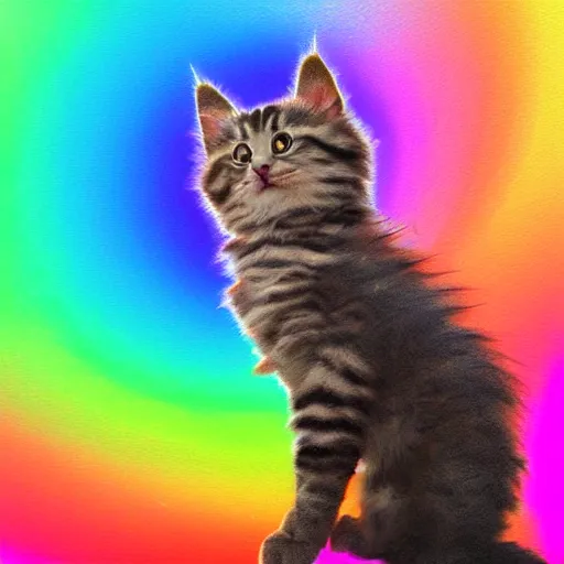 Image similar to of a full body wide of very proud fluffy rainbow kitten howling at moon with a glowing rainbow aura, digital art,