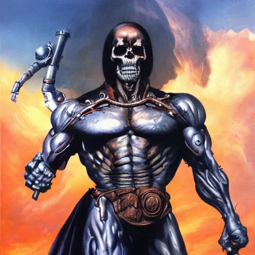 Prompt: ultra realistic portrait painting of skeletor as the terminator, art by frank frazetta, 4 k, ultra realistic, highly detailed, epic lighting