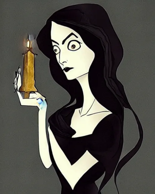 Image similar to style of abigail larson : : gorgeous willa holland : : evil witch, swirling black magic, black dress : : symmetrical face, symmetrical eyes : : full body pose : : gorgeous black hair : : magic lighting, low spacial lighting : :