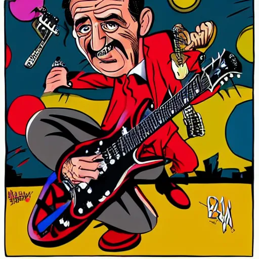 Image similar to Barry Chuckle Shredding on an electric guitar in the style of Jason Edmiston and Gary Panter