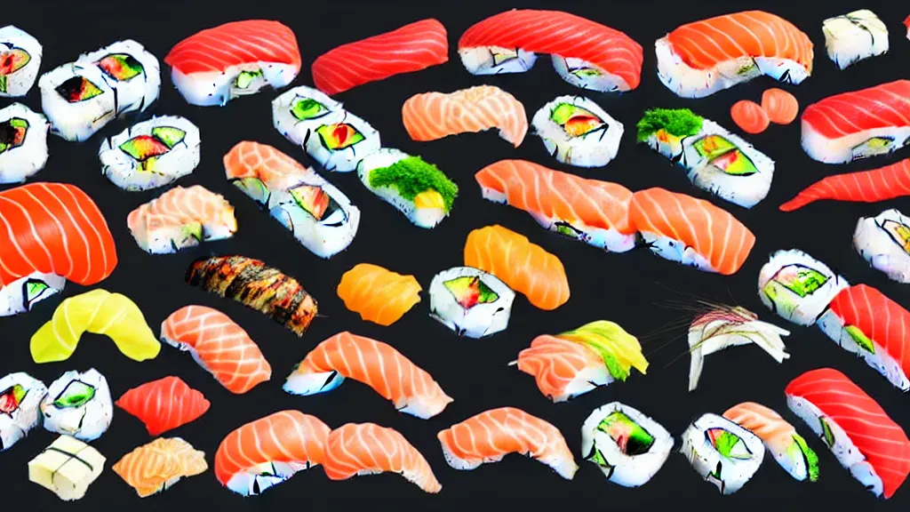 Image similar to an arrangement of sushi, a collage painting, in the style of wes anderson, lola dupre, david hockney, isolated on negative white space background dark monochrome neon spraypaint accents volumetric octane render