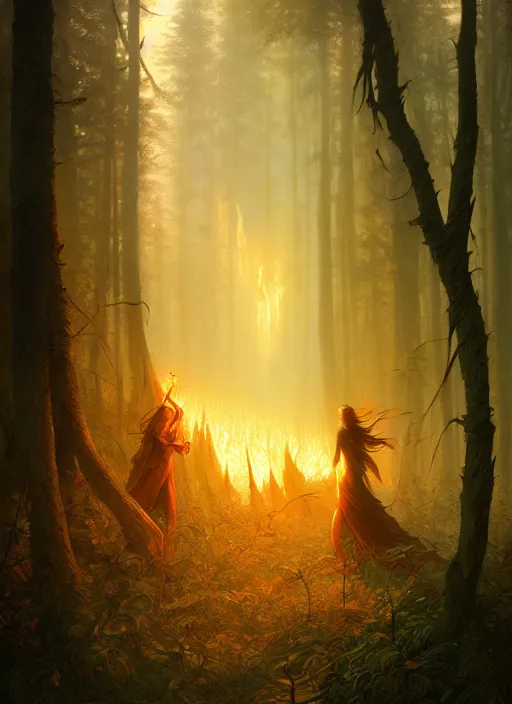 Prompt: burning forest inhabited by elves, d & d, fantasy, intricate, elegant, highly detailed, digital painting, artstation, concept art, smooth, sharp focus, illustration, art by artgerm and greg rutkowski and alphonse mucha