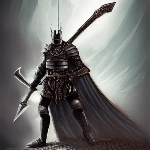 Prompt: black knight with raised broad sword standing atop castle, fantasy art, highly detailed, realistic, Diego Gisbert style,