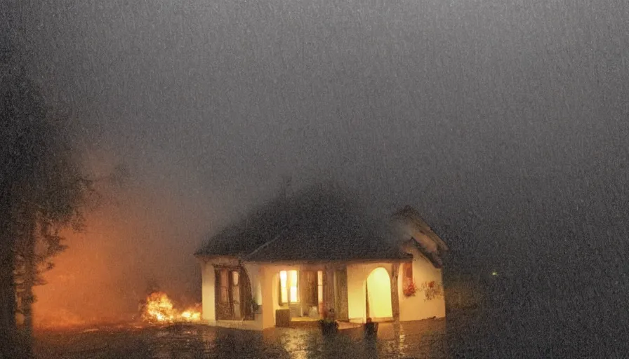 Prompt: mini dv camera found footage of a heavy burning french style little house by night, rain, foggy, in a small northern french village, heavy grain, very low quality, high detail, dramatic light