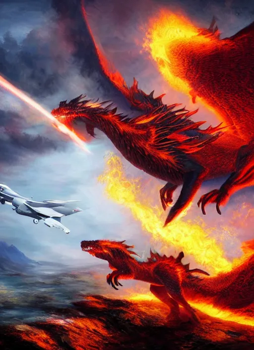 Prompt: a majestic firedragon king creature fighting a fighter jet, 8 k, magic realism, beautiful composition