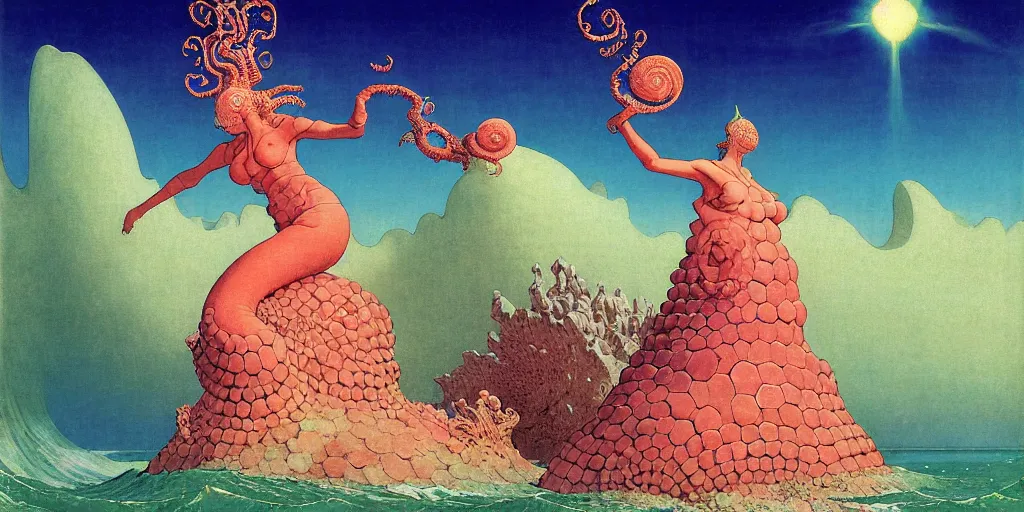 Image similar to the ammonite sorceress clad in coral armor exacts revenge on the child's sand castle send wondrous waves of destruction onto the irreverent land by kawase hasui, dorothea tanning, moebius, edward hopper and james gilleard, aivazovsky, zdzislaw beksinski, steven outram colorful flat surreal design