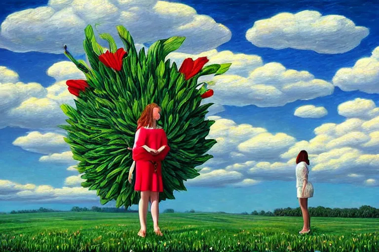 Prompt: giant flower head, woman standing, surreal, clouds in sky, impressionist painting, digital painting, artstation, rob gonsalves