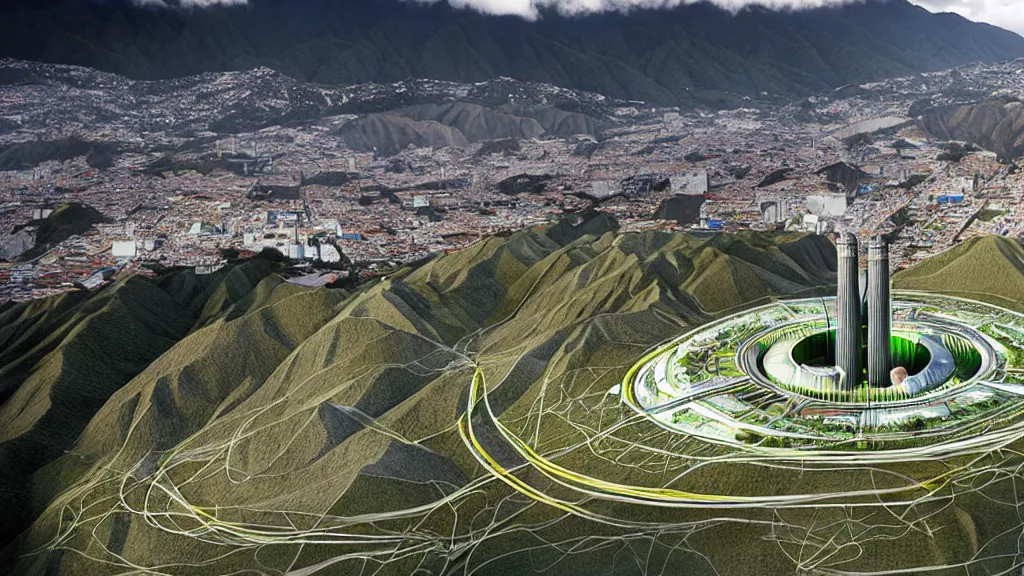 Prompt: Epic Giant Nuclear power Shines gracefully over the techno, city, nature hybrid mountain valley of Quito, Ecuador; by Oswaldo Moncayo and Vincent Callebaut; Art Direction by James Cameron;