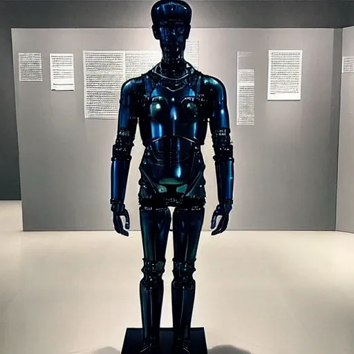 Image similar to “ a realistic detailed photo of a guy who is an attractive humanoid who is half robot and half humanoid, who is a male android, actor liam hemsworth, shiny skin, posing like a statue, blank stare, at the museum, on display ”