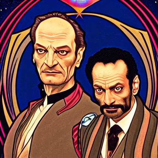 Image similar to detailed portrait of Garak and Doctor Bashir from Deep Space 9, by Alphonse Mucha and Dan Mumford