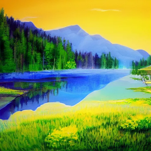 Image similar to wallpaper, beautiful scenery, painting, blue and green, dreamy sky, near a lake