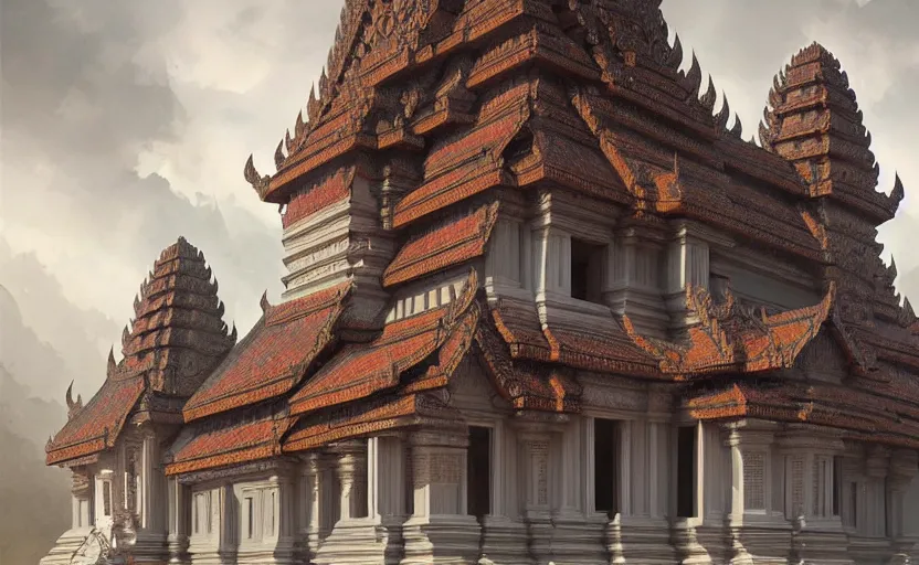 Prompt: khmer temple, soft grey and red natural light, intricate, digital painting, artstation, concept art, smooth, sharp focus, illustration, art by greg rutkowski and luis rollo and uang guangjian and gil elvgren, symmetry!