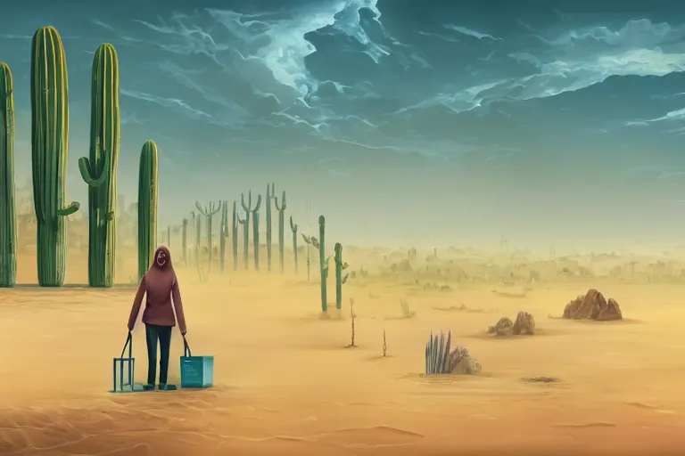 Prompt: a photo of a dystopian desert with loots of Cacti, sandy colours, sandy green, sandy, sandy beige, sobbing sad black silhouette of a person, cantered, by Cyril Rolando, trending on DeviantArt, desolated, dark, 8k resolution, rendered in Zbrush, simplistic