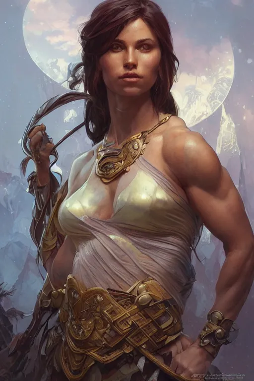 Image similar to portrait of an amazon, muscular, upper body, D&D, fantasy, intricate, cinematic lighting, highly detailed, digital painting, artstation, concept art, smooth, sharp focus, illustration, art by Artgerm and Greg Rutkowski and Alphonse Mucha