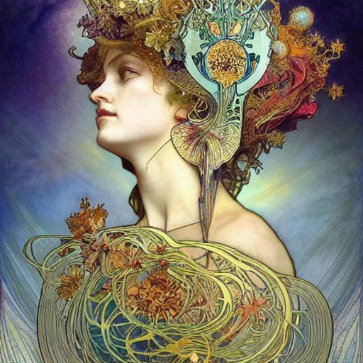 Prompt: queen of jupiter by alphonse mucha, raymond swanland, zdzisław beksinski, iris van herpen!!!. highly detailed!, hyper - real, beautiful!