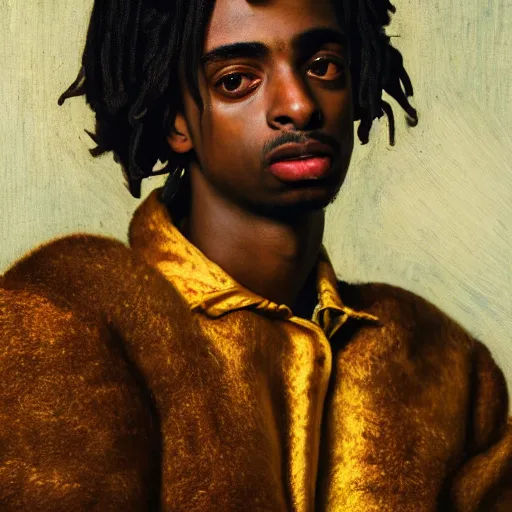 Image similar to a Dutch Golden Age portrait painting of Playboi Carti, shallow depth of field, close up, split lighting, cinematic