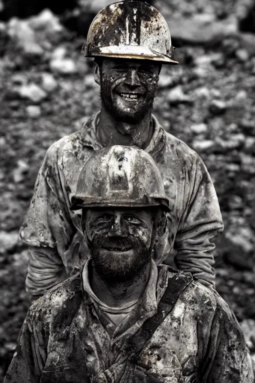 Prompt: Portrait of a coal Miner looking tired and over worked. Face dirty with soot. Smiling. White helmet. Standing in front of a Mine. Portra 400. 35mm Film. f/1.8. Portrait photography. Ultra HD, 8K