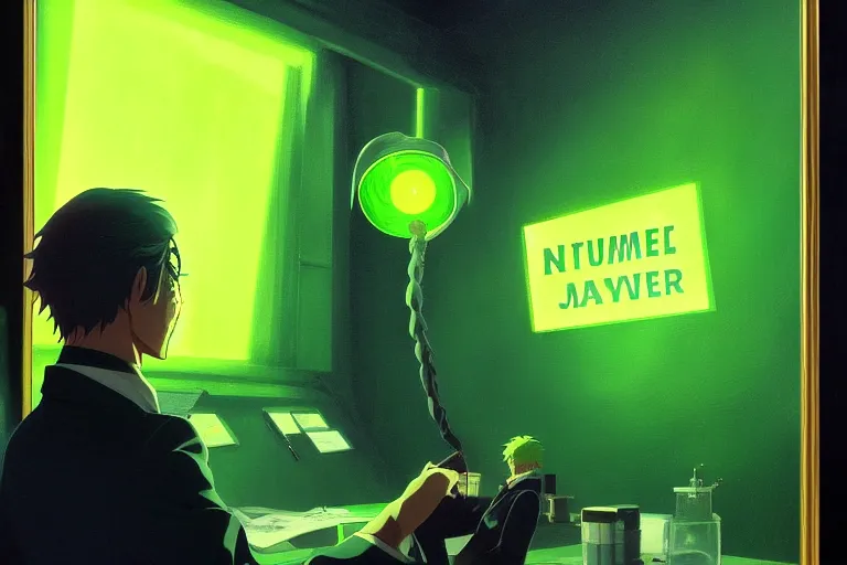 Prompt: anime key visual of fbi agent glowing radioactive green, style of jamie wyeth james gilleard edward hopper greg rutkowski acrylic painting, preserved museum piece, historical