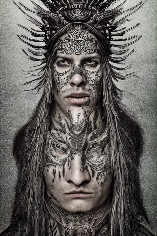 Image similar to hyperrealistic hyper detailed neo-surreal close-up 35mm portrait of levitating psychedelic shaman covered in Celtic tattoos, dinosaur head headdress, rococo matte painting concept art very dramatic lighting low angle hd 8k sharp shallow depth of field