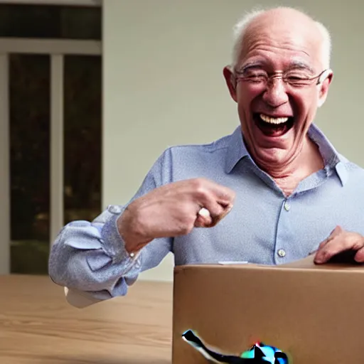 Prompt: an excited old man opening an amazon package full of diamonds