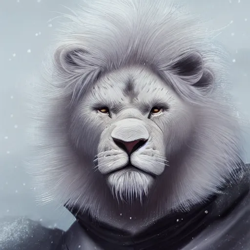 Prompt: aesthetic half body portrait commission of a albino male furry anthro lion wearing gym clothing at an athletic track during a storm, detailed face , hyperdetailed, snowy winter atmosphere. Character design by charlie bowater, ross tran, artgerm, and makoto shinkai, detailed, inked, western comic book art, 2021 award winning painting