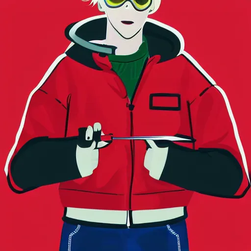 Image similar to a blonde teenager, goggles, red jacket, knife in his mouth, knife in his right hand and a knife in his left hand, photorealistic, hd, high details