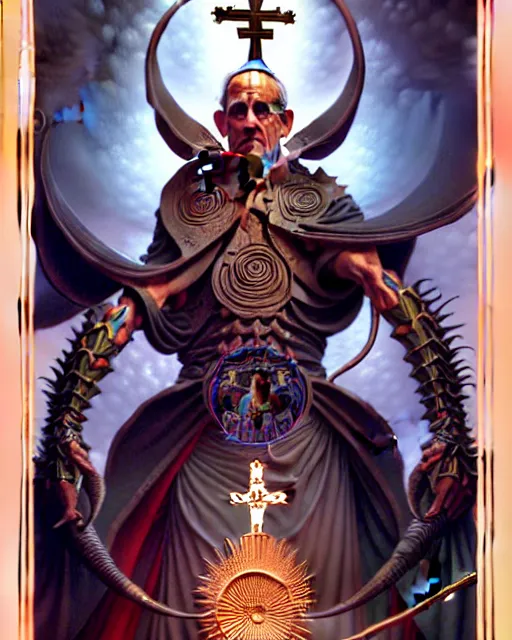 Prompt: the pope tarot card, fantasy character portrait made of fractals, ultra realistic, wide angle, intricate details, the fifth element artifacts, highly detailed by peter mohrbacher, hajime sorayama, wayne barlowe, boris vallejo, aaron horkey, gaston bussiere, craig mullins