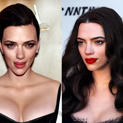 Image similar to a woman who is a genetic combination of kim kardashian and kat dennings and scarlett johansson and margot robbie and emma watson, face and upper - body focus, detailed eyes