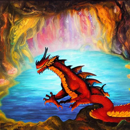 Prompt: highly detailed oil painting of a colorful hotspring within dark cavern, dragon sitting in the middle