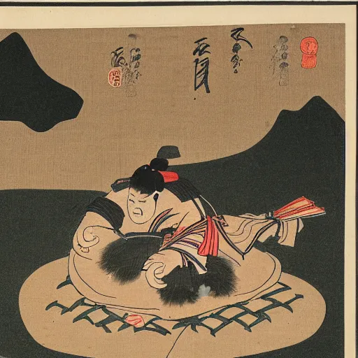 Image similar to edo period japanese print of a sumo wrestler using a computer