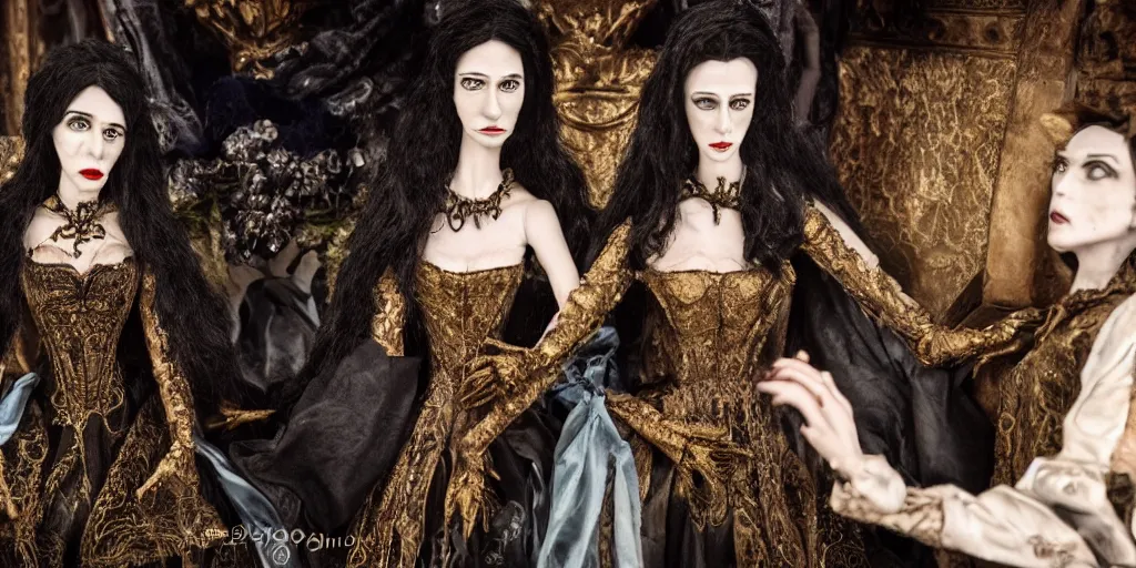 Image similar to photo taken of an epic intricate, ultra detailed, super realistic stop motion puppet of the majestic gracious regal aristocratic brunette female vampire twins and gothic filmset created by weta workshop and tim burton, menacing, wide angle, full body shots, photorealistic, sharp focus, gloomy, extremely cold blueish colour temperature, 3 5 mm, f 1. 4, golden ratio