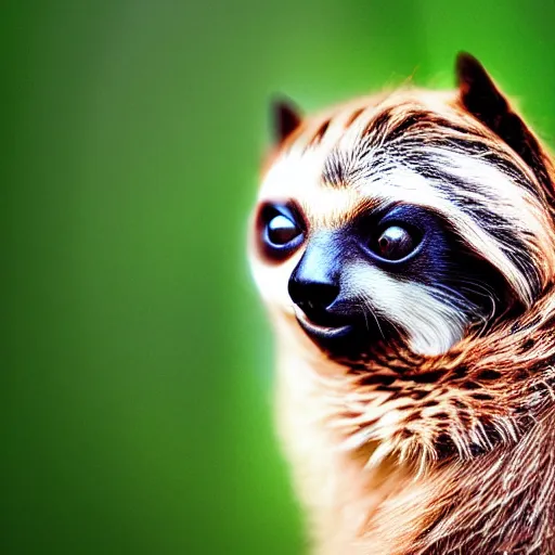 Image similar to a feline sloth - cat - hybrid with a beak, animal photography, wildlife photo, award winning