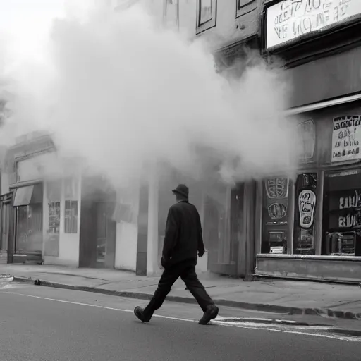 Prompt: tendrils of smoke twist around him as he walks down the lonely street of abandoned storefronts