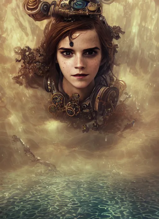 Image similar to underwater pirate steampunk portrait of emma watson, hyper detailed, digital art, cinematic lighting, studio quality, smooth render, unreal engine 5, octane rendered, art style by klimt and nixeu and ian sprigger and wlop and krenz cushart.