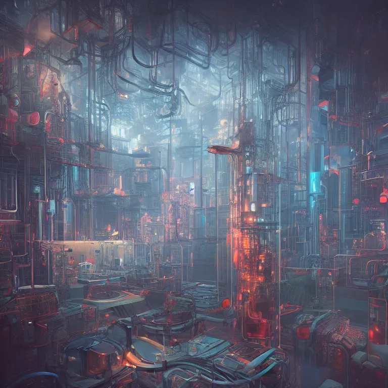 Prompt: the nexus of a vast modern computing center and a mad alchemist\'s lab with exposed circuit boards, nixie tubes and tesla coils. immaculate octane redshift concept art render by Zdzisław Beksiński and beeple, beautiful modern colors, ultradetailed, 4k ultra