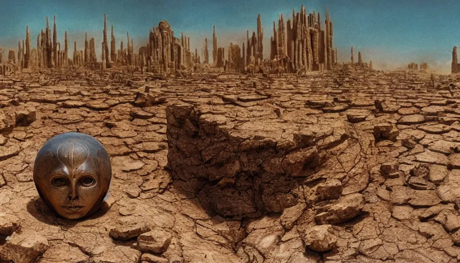 Image similar to levitating bene gesserit with full - face golden mask in a dry rocky desert landscape, alien ruins designed by giger, giant abandoned alien city by alejandro jodorowsky, anamorphic lens, kodakchrome, practical effects, masterpiece, 8 k