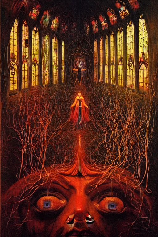 Prompt: the church of chaos magick honours aleister crowley, spatialism, hyperrealism, symbolism, symmetry, do what thou wilt, subject centered in frame, rule of thirds, stunning neon lighting, demonic summoning, very detailed surreal impressionist painting by jan van eyck and beksinski and greg rutkowski and kim jung gi