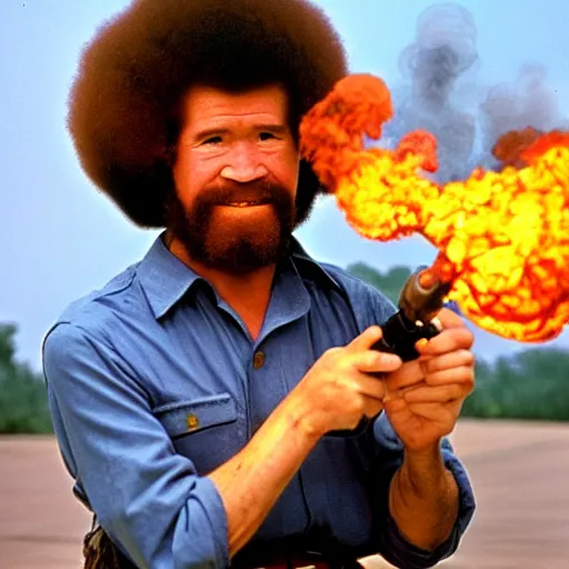 Image similar to bob ross holding a flamethrower in the vietnam war