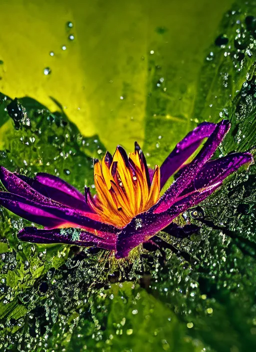 Image similar to beautiful macro photograph of a deep purple spider on a lotus flower, golden hour, golden ratio, nikon d 8 1 0, sigma 8 5 mm ƒ / 2. 5, award - winning, wet hdr refractions, insanely detailed, 8 k, * * * * *