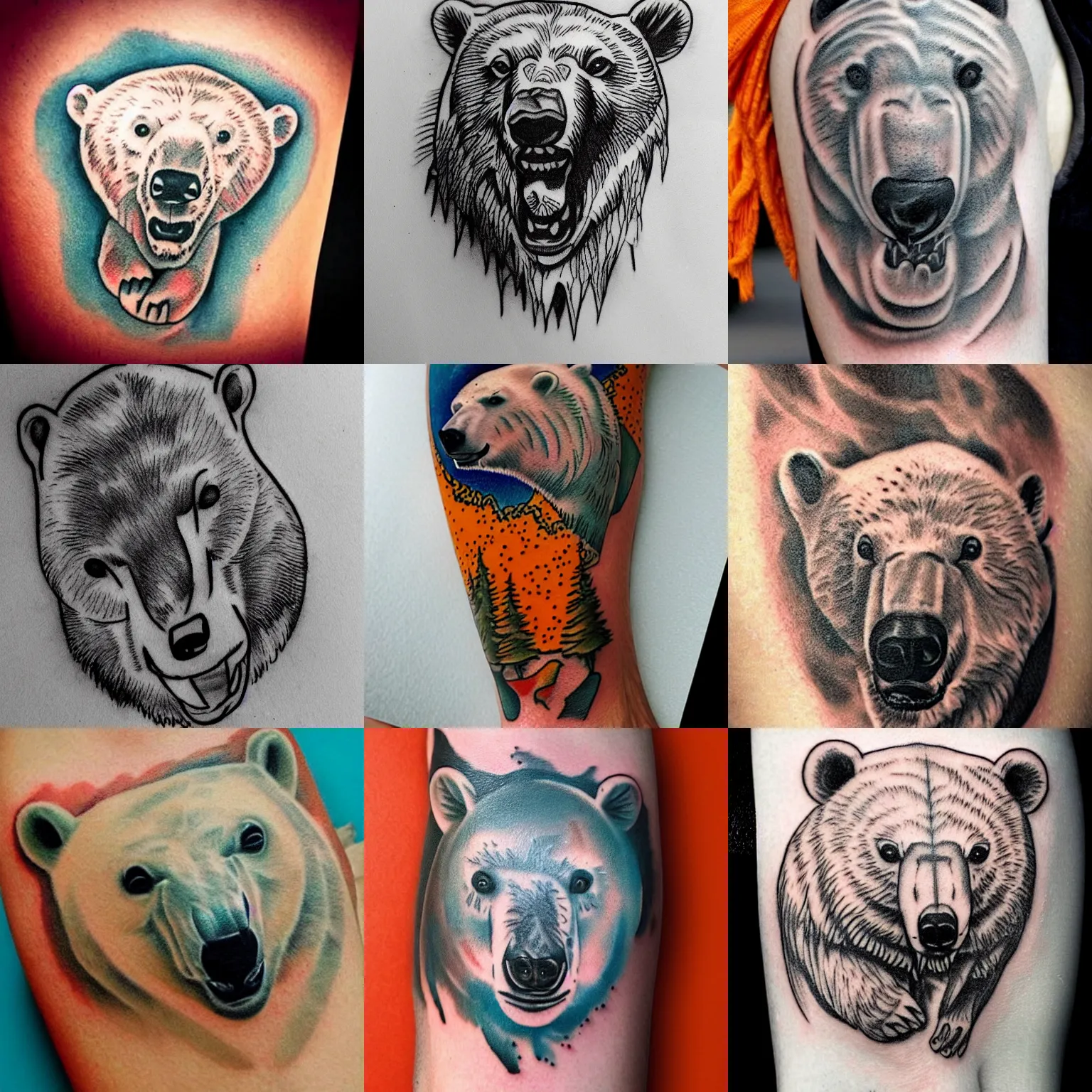 Prompt: tattoo, polar bear tattoo close - up, bright orange background, sketch