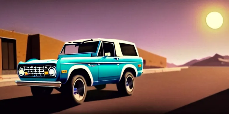 Image similar to a cinematic keyframe matte painting of a sleek 1 9 7 0 s vaporwave concept vehicle retro - futurism sci - fi skey blue ford bronco car in an open garage in the colorado, view from the street. in the moonlight. rocky mountains. by eric lafforgue, glennray tutor and edward hopper, greg rutkowski. trending on artstation.