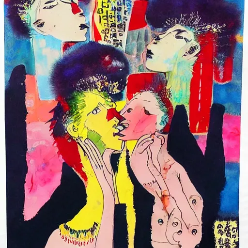 Image similar to watercolor painting of two bizarre psychedelic women kissing in japan in winter, speculative evolution, mixed media collage by basquiat and jackson pollock, maximalist magazine collage art, sapphic art, psychedelic illustration