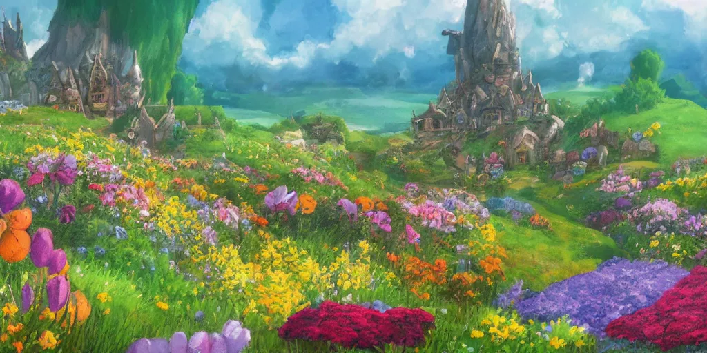 Prompt: a still of a background from howl's moving castle!!!!! of hobbiton, light bloom, flowers